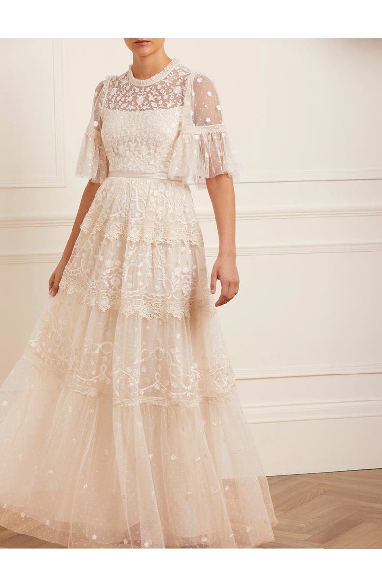 Needle & Thread Midsummer Lace Round Neck Dress, Alternate, color, Champagne