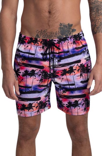 Bugatchi Tropical Sunset Swim Trunks In Orchid