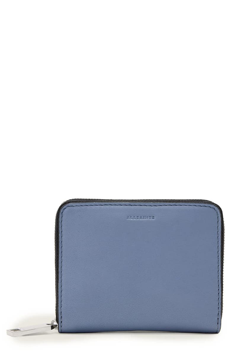 AllSaints Lena Hex Leather Zip Wallet, Main, color, Sea Blue