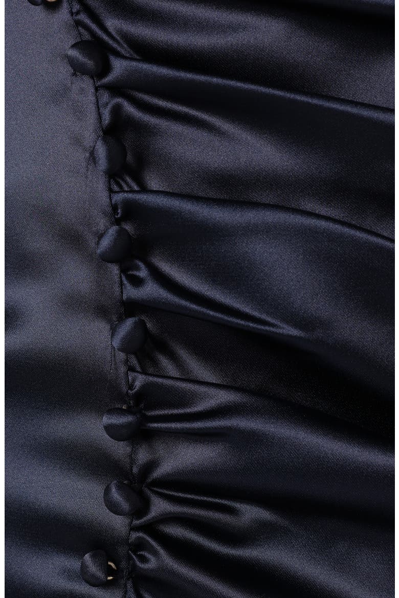 Lisbeth Ruched Satin Midi Dress, Alternate, color, NAVY