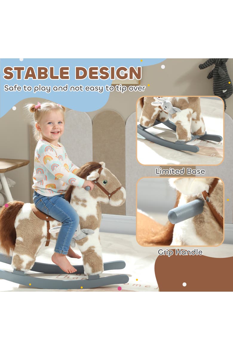 Rocking Horse Kids Plush Animal Rocker with Realistic Sound for Toddlers Soft Filling Ride on Horse with Rabbit Toy, Alternate, color, Brown