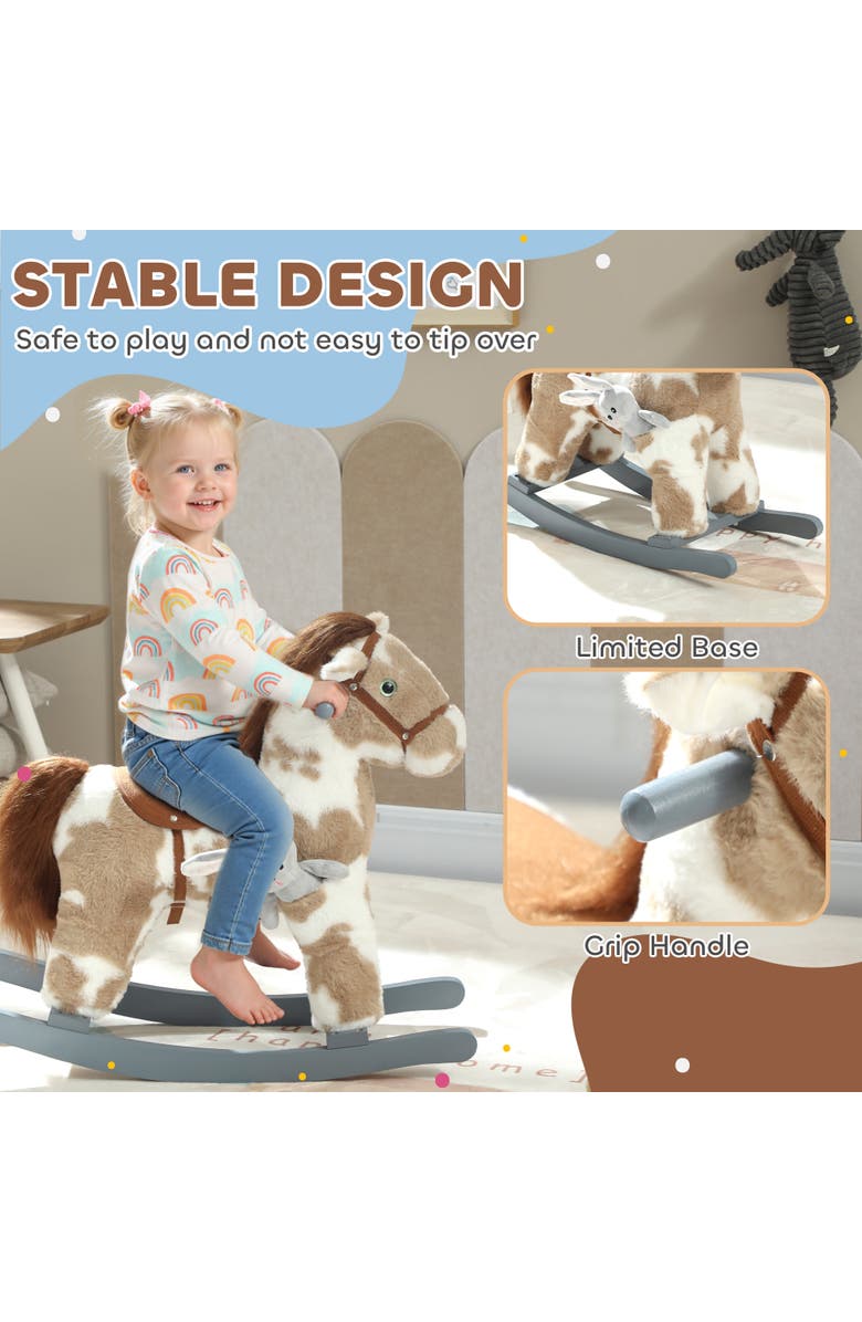 Qaba Rocking Horse Kids Plush Animal Rocker with Realistic Sound for Toddlers Soft Filling Ride on Horse with Rabbit Toy, Alternate, color, Brown