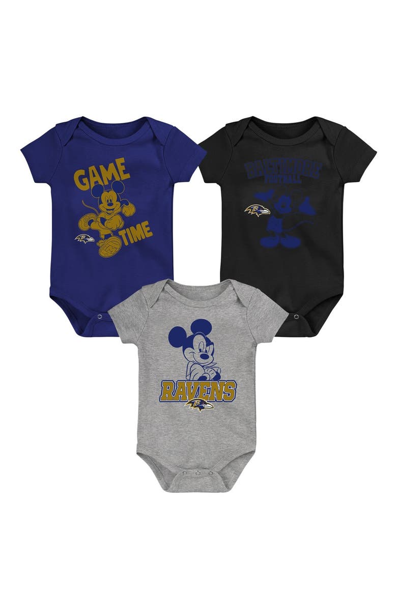 Outerstuff Newborn & Infant Purple/Black/Gray Baltimore Ravens Three-Piece Disney Game Time Bodysuit Set, Main, color,