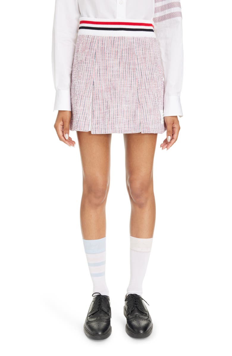 Thom Browne Box Pleat Tweed Miniskirt, Main, color, Red/ Blue/ White