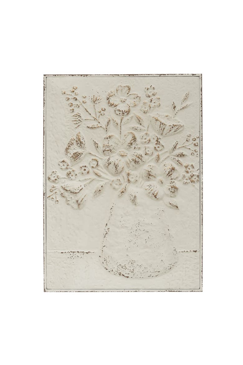 Embossed Metal Wall Art with Flowers in Vase, Distressed White and Gold, Main, color, Gold