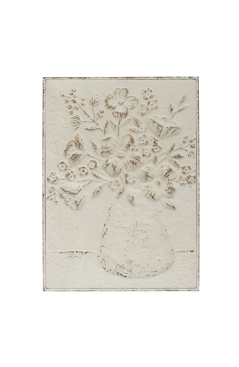 Storied Home Embossed Metal Wall Art with Flowers in Vase, Distressed White and Gold, Main, color, Gold