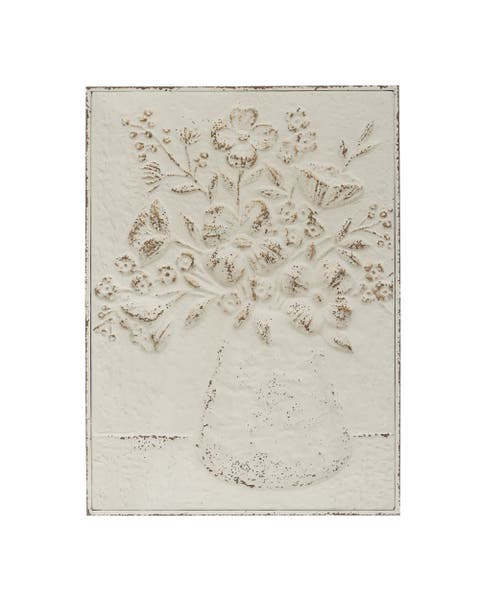 Embossed Metal Wall Art with Flowers in Vase, Distressed White and Gold