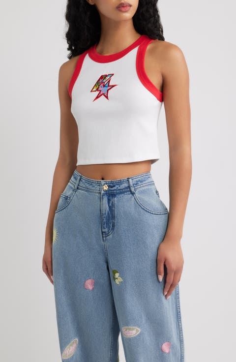 Embroidered Contrast Binding Crop Tank