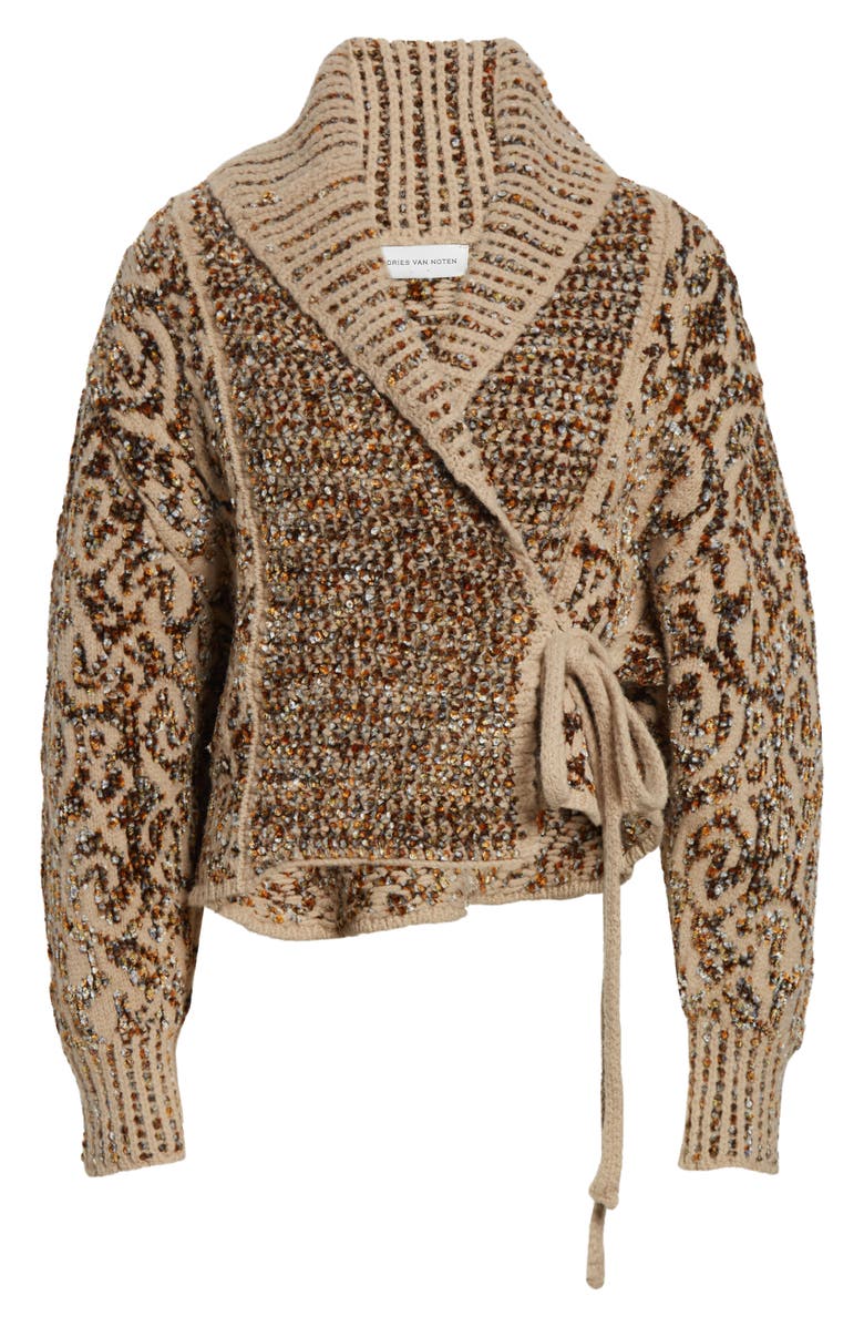 Dries Van Noten Tekla Jacquard Wool Blend Wrap Cardigan, Alternate, color, Beige
