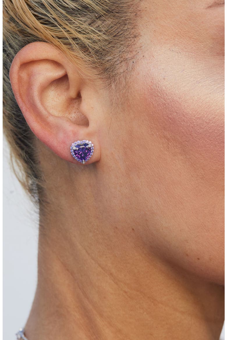 Cubic Zirconia Heart Halo Stud Earrings, Alternate, color, AMETHYST PURPLE