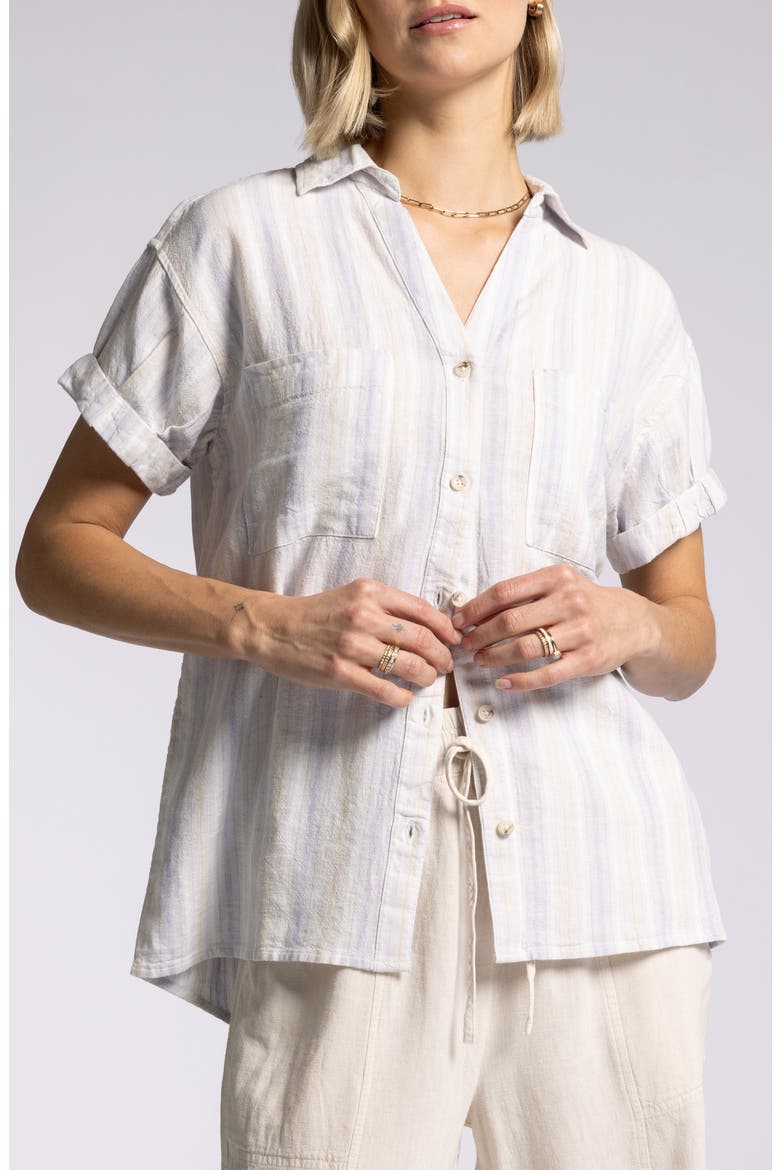 Sydney Stripe Short Sleeves Linen Blend Button-Up Shirt, Main, color, LAVENDER TAN STRIPE