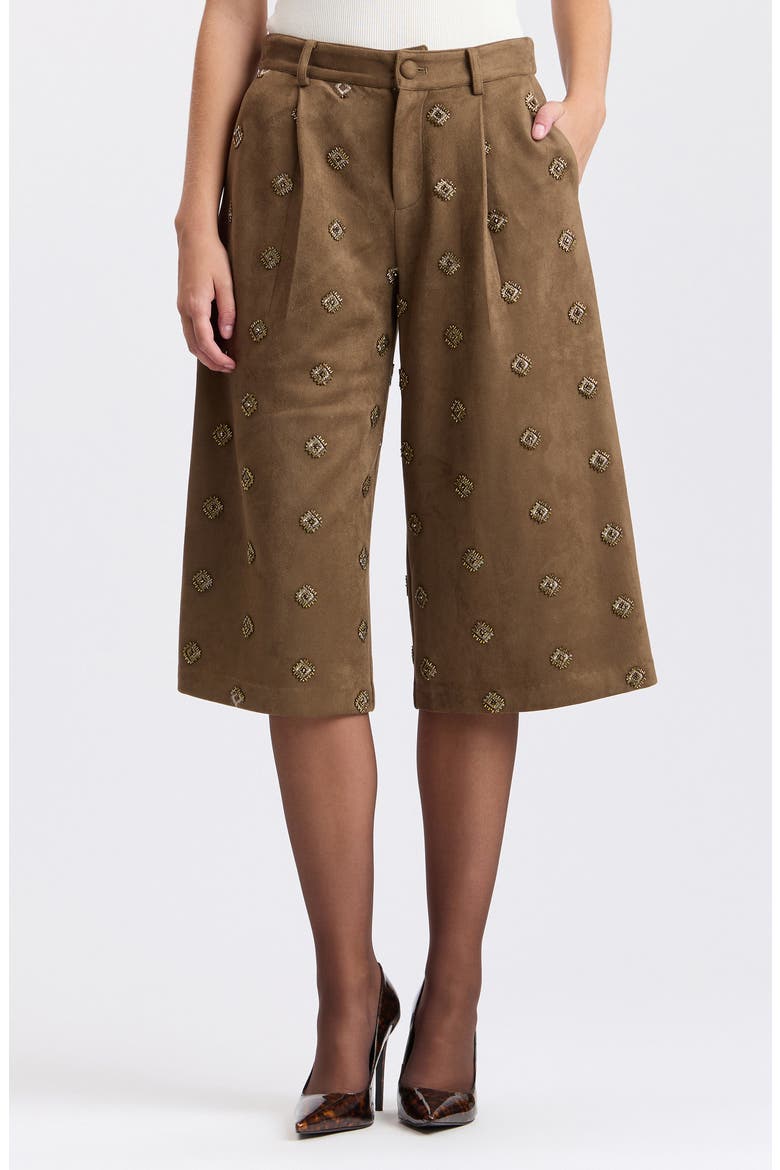Embellished Faux Suede Wide Leg Culottes, Main, color, BROWN JEWELS