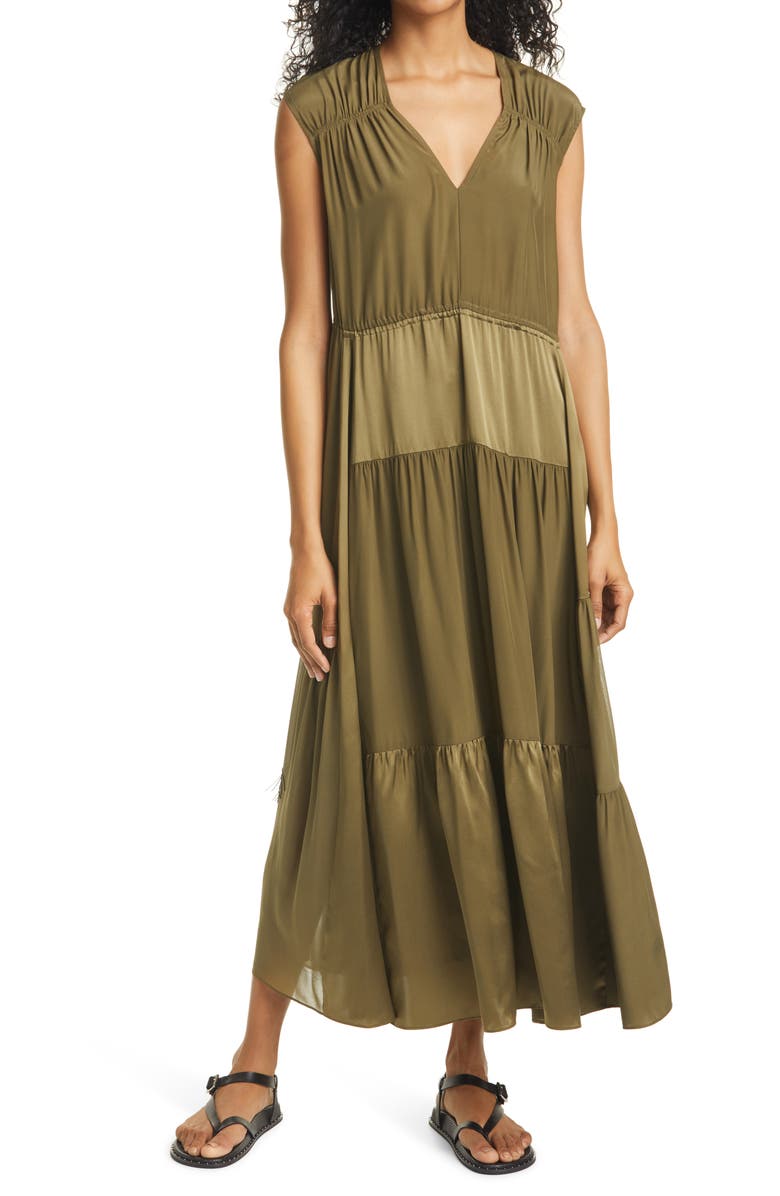 La Ligne Charmeuse & Georgette Patchwork Silk Dress, Main, color,