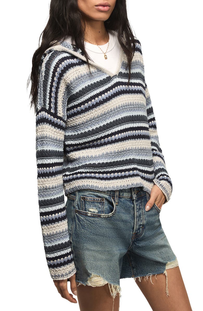 Lucky Brand Baja Stripe Crochet Hoodie, Alternate, color, Cadet Navy