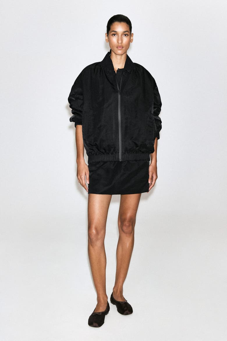 Gathered Nylon Bomber Jacket, Alternate, color, BLACK