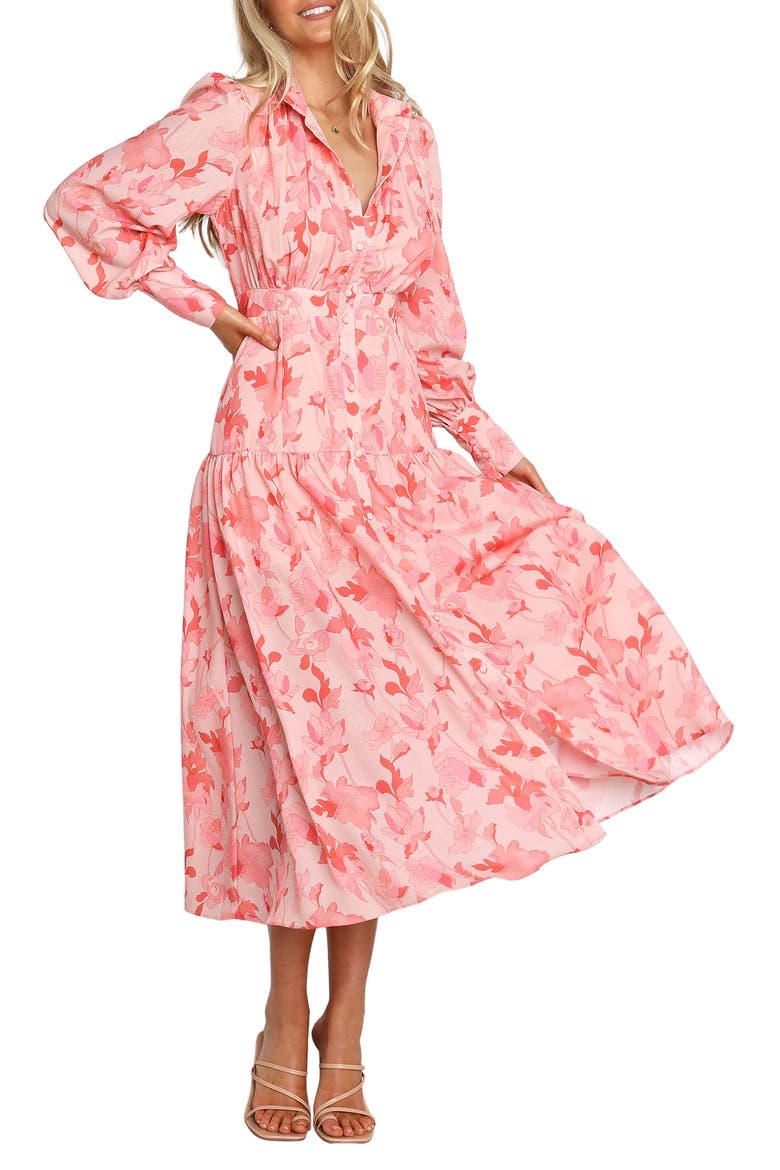 Forever Print Long Sleeve Tiered Midi Dress, Main, color, PINK