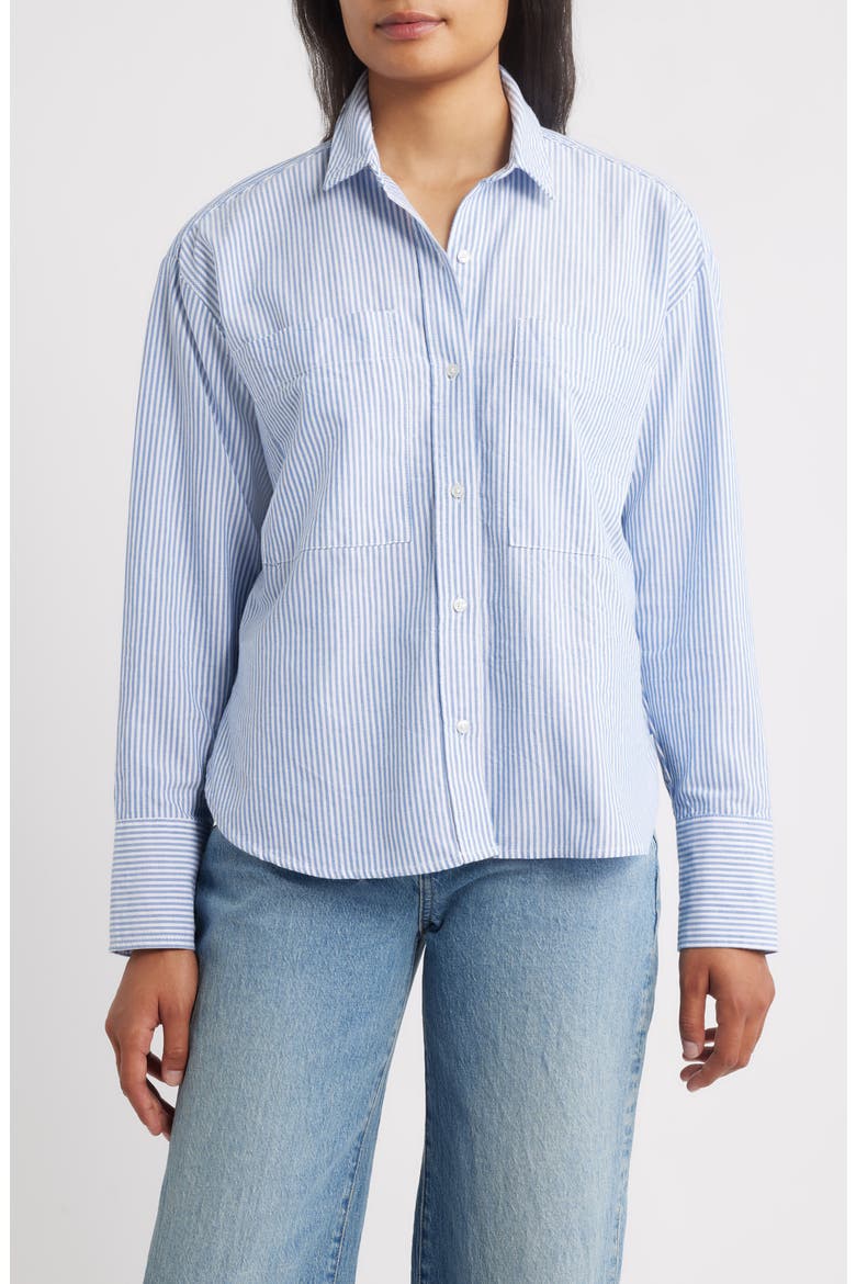 Everly Stripe Cotton Button-Up Shirt, Main, color, BAY BLUE