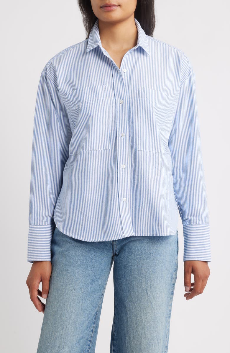 beachlunchlounge Everly Stripe Cotton Button-Up Shirt, Main, color, Bay Blue