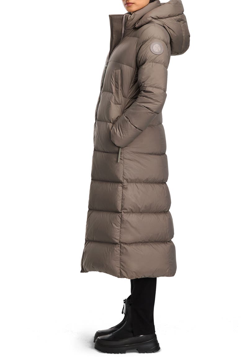 Mystique Tonal Label 750 Fill Power Down Long Puffer Coat, Alternate, color, TAUPE GREY