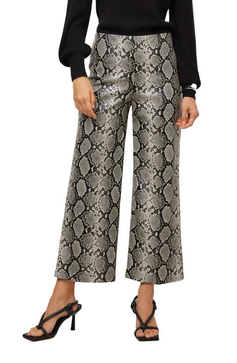 Kelly Snakeskin Embossed Faux Leather Cropped Wide Leg Pants