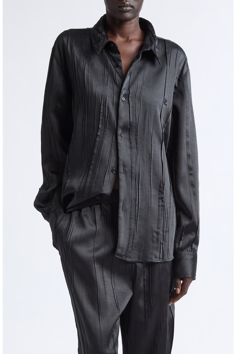 Oversize Crinkled Satin Button-Up Shirt, Main, color, BLACK