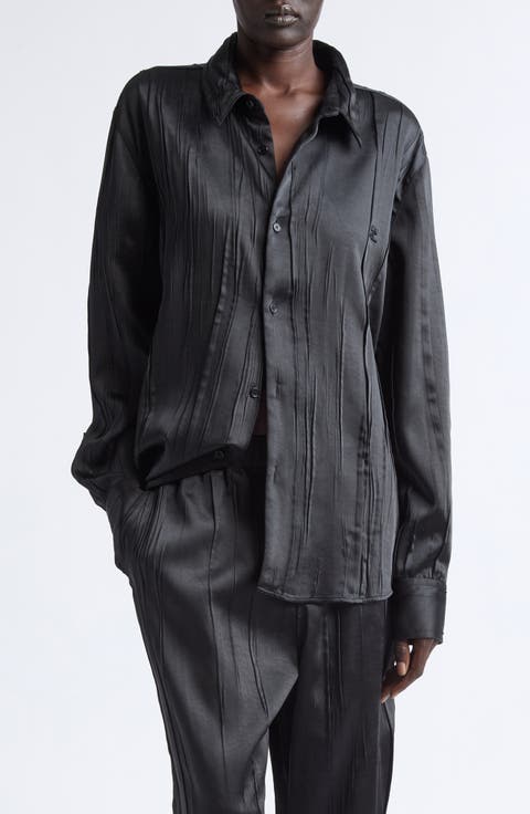 Oversize Crinkled Satin Button-Up Shirt