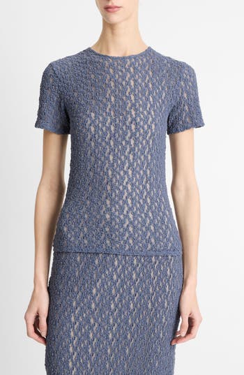 Vince Floral Smocked Short Sleeve Crew Neck Sweater In Mauve Thistle In Blue