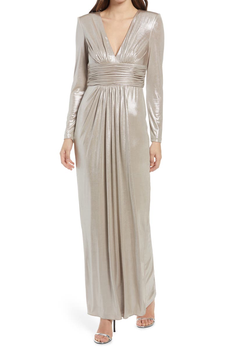 Vince Camuto Long Sleeve Metallic Wrap Gown, Main, color, 