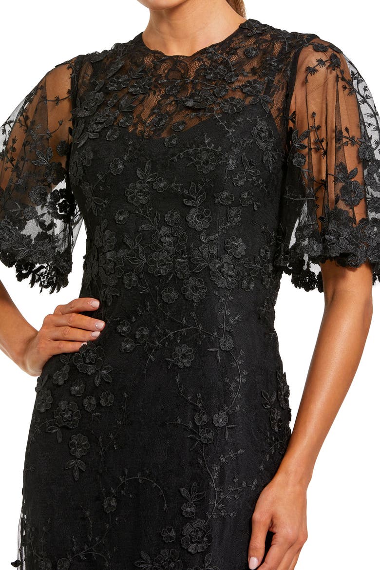 Petite Flutter Sleeve Floral Embroidered Net Gown, Alternate, color, Black