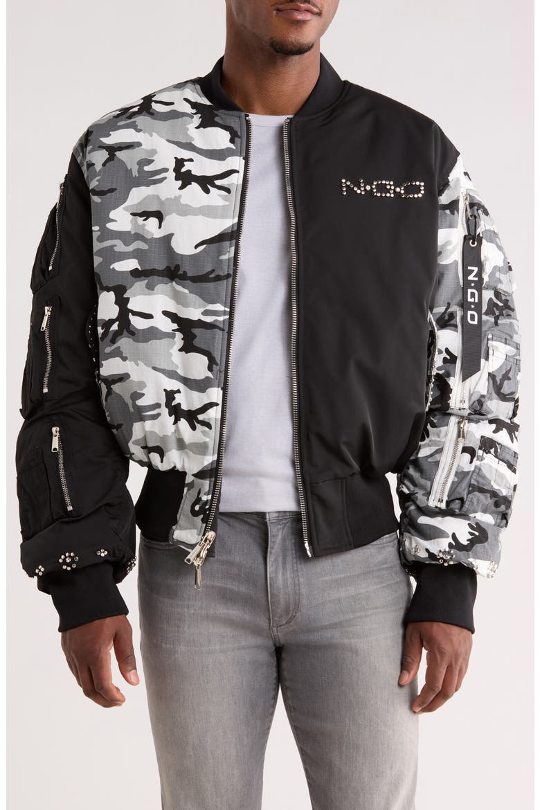 Mixed Media Studded Bomber Jacket, Main, color, BLACK/ CAMO