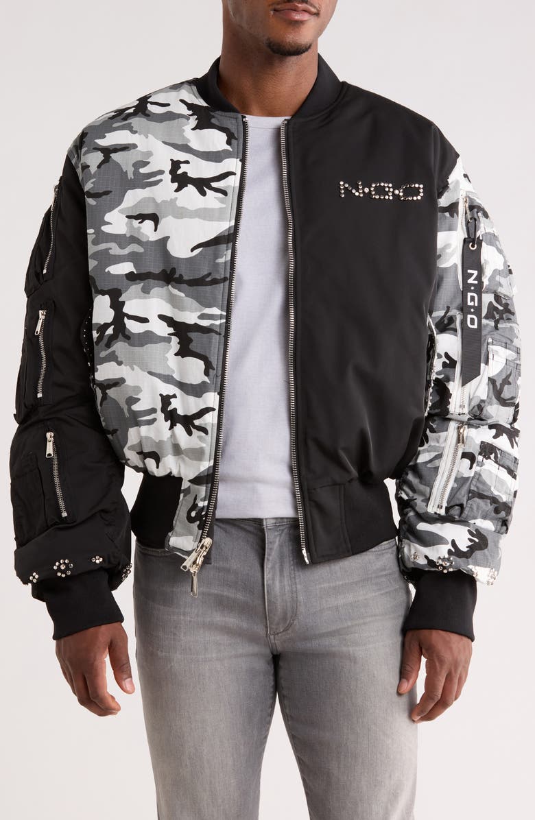 Nothing Grows Overnight Mixed Media Studded Bomber Jacket, Main, color, Black/ Camo