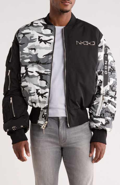 Mixed Media Studded Bomber Jacket