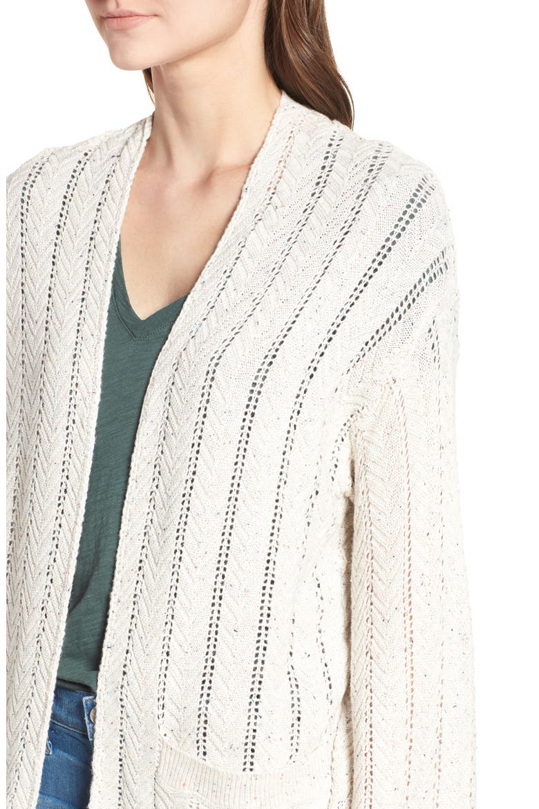 Long Tweed Herringbone Stitch Cardigan, Alternate, color, BEIGE OATMEAL HEATHER