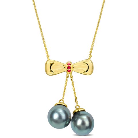 Tahitian Pearl & Gem Bow Drop Necklace 10k