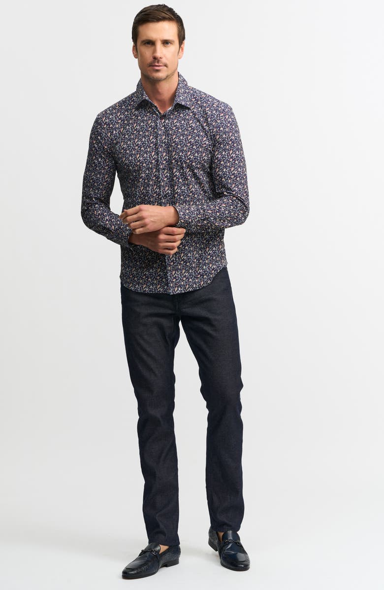 Robert Graham Moreno Trim Fit Floral Knit Button-Up Shirt, Alternate, color, Navy