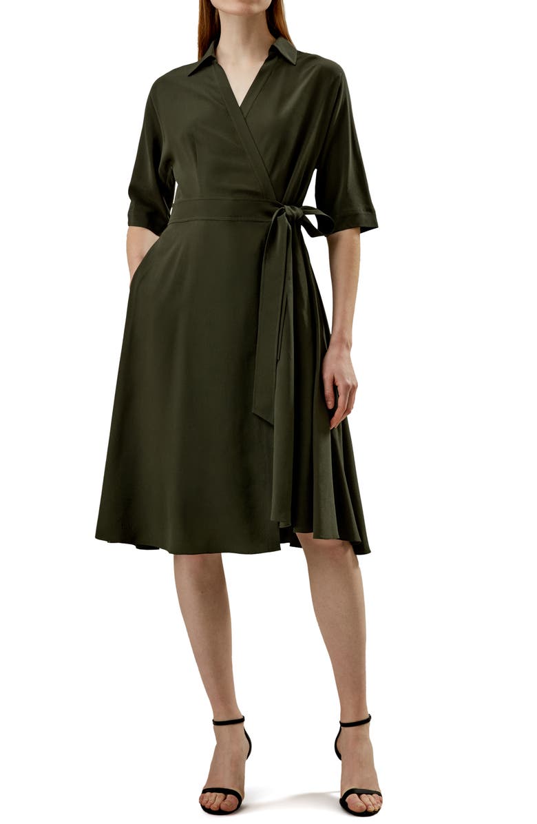 Lilysilk Front Tie Wrap Silk Dress, Main, color, Olive Green