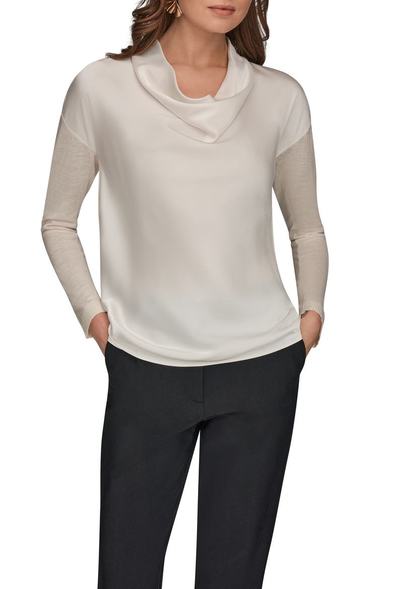 Mixed Media Cowl Neck Top, Main, color, CREAM