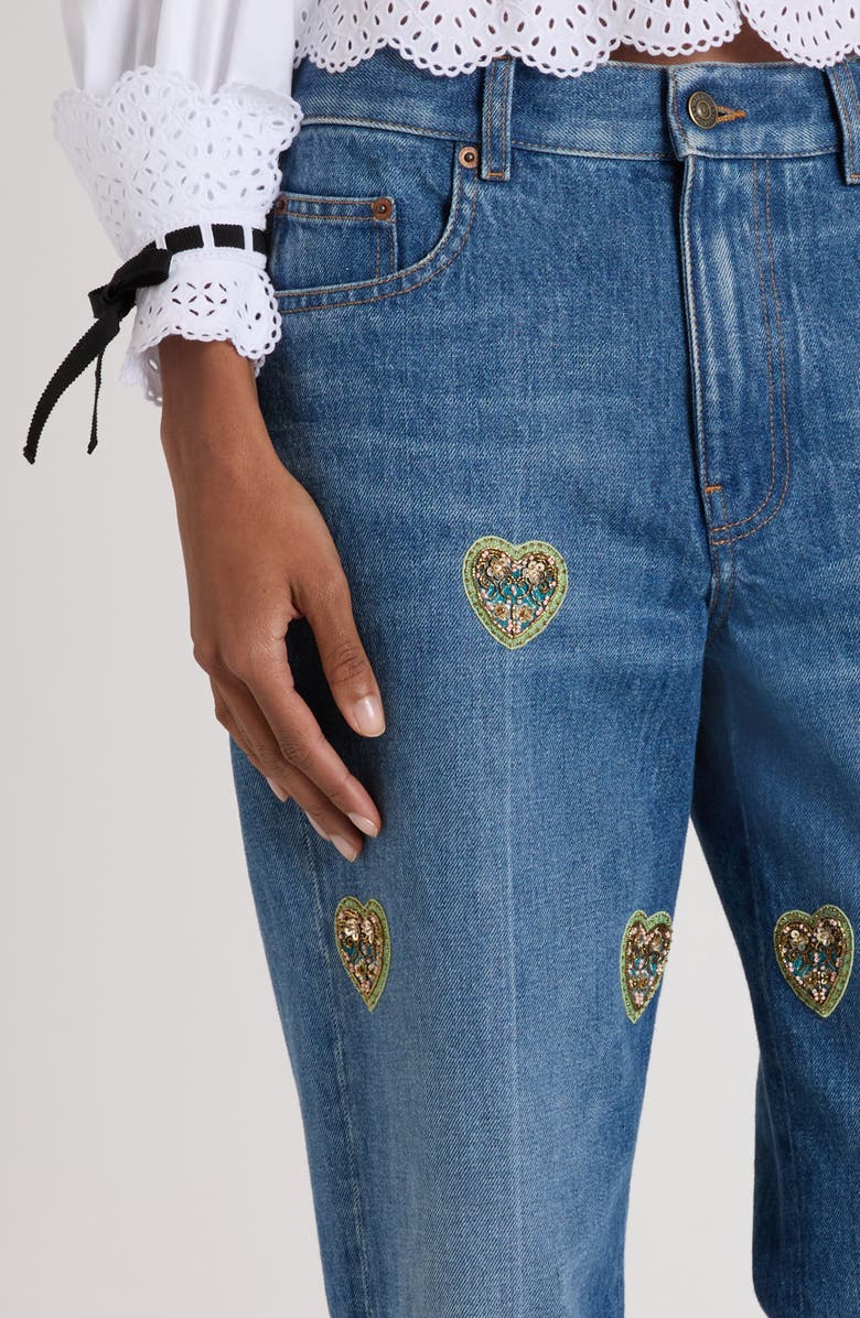 Valentino Garavani Heart Embroidered Denim Jeans, Alternate, color, Denim