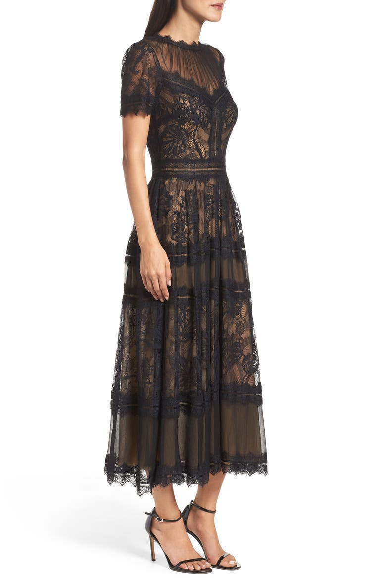 Lace Midi Dress, Alternate, color, BLACK/ NUDE