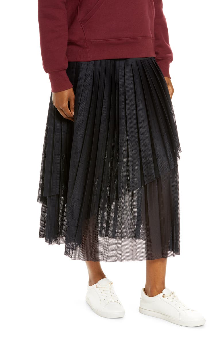 Mesh Overlay Pleated Skirt, Alternate, color, BLACK
