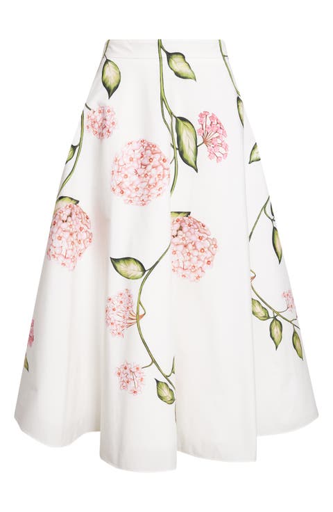 Porcelain Flowers Stretch Cotton Poplin A-Line Midi Skirt