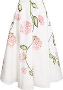 Oscar de la Renta Porcelain Flowers Stretch Cotton Poplin A-Line Midi Skirt