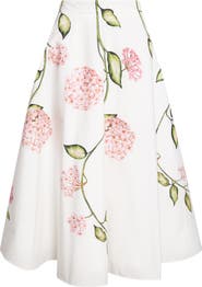 Oscar de la Renta Porcelain Flowers Stretch Cotton Poplin A-Line Midi Skirt