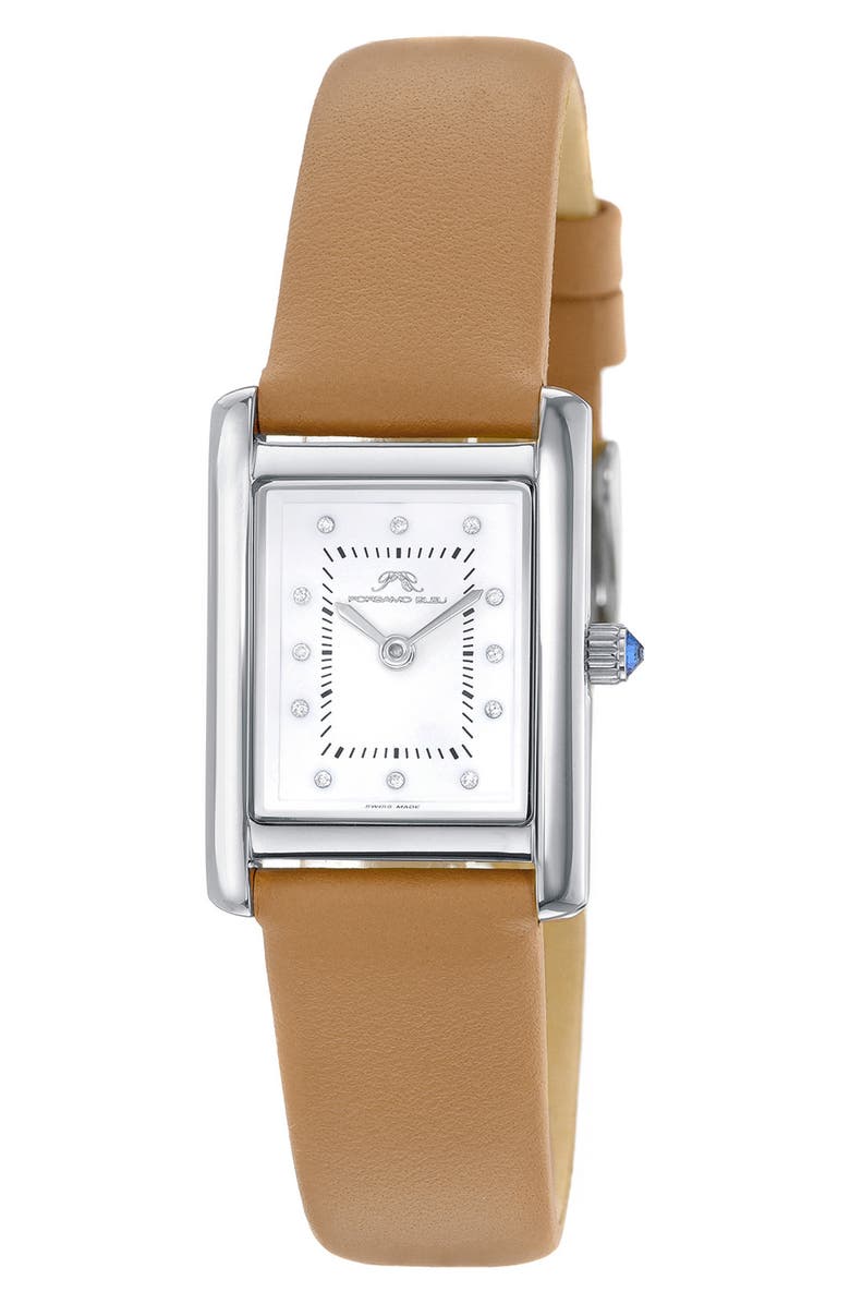 PORSAMO BLEU Karolina Diamond Leather Strap Watch, 21.5mm x 30mm - 0.06 ctw, Main, color, Silver-Cognac