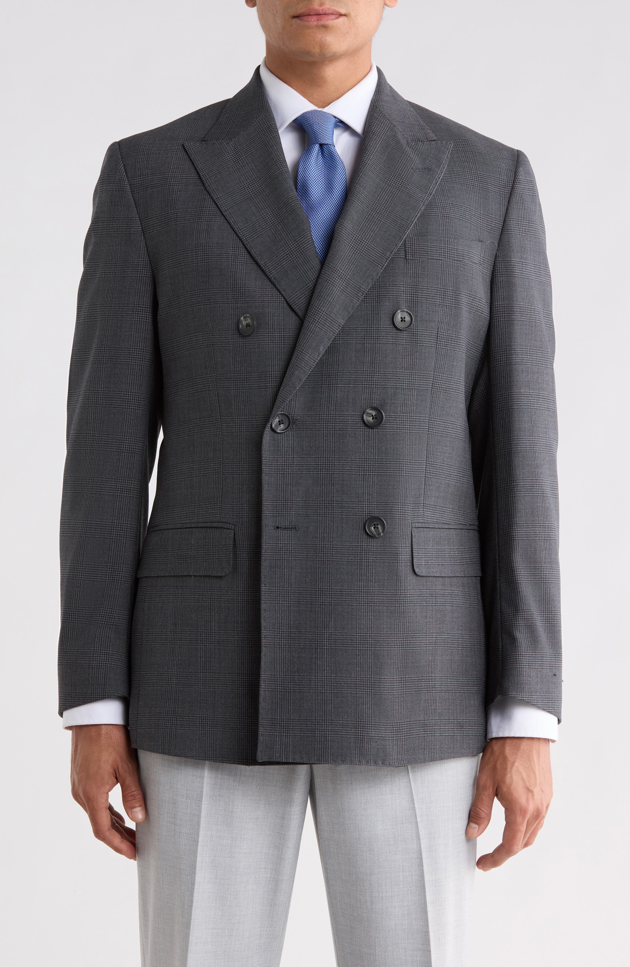 Check Double Breasted Wool Blend Suit Jacket