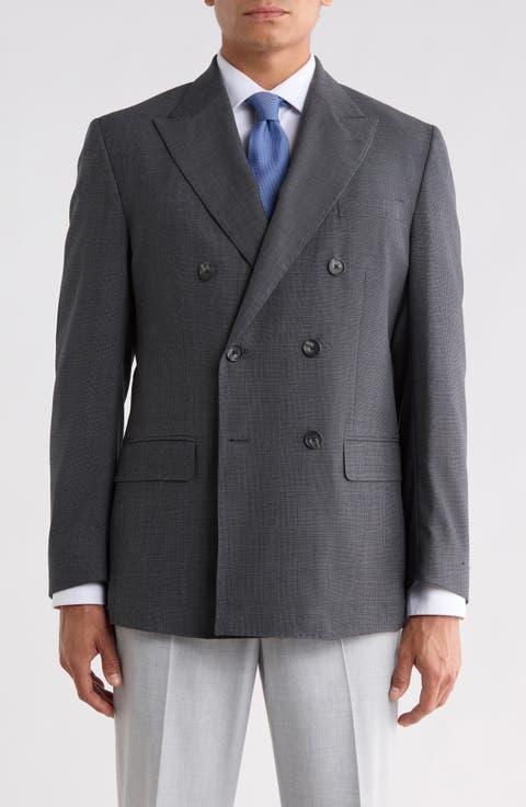 Check Double Breasted Wool Blend Suit Jacket