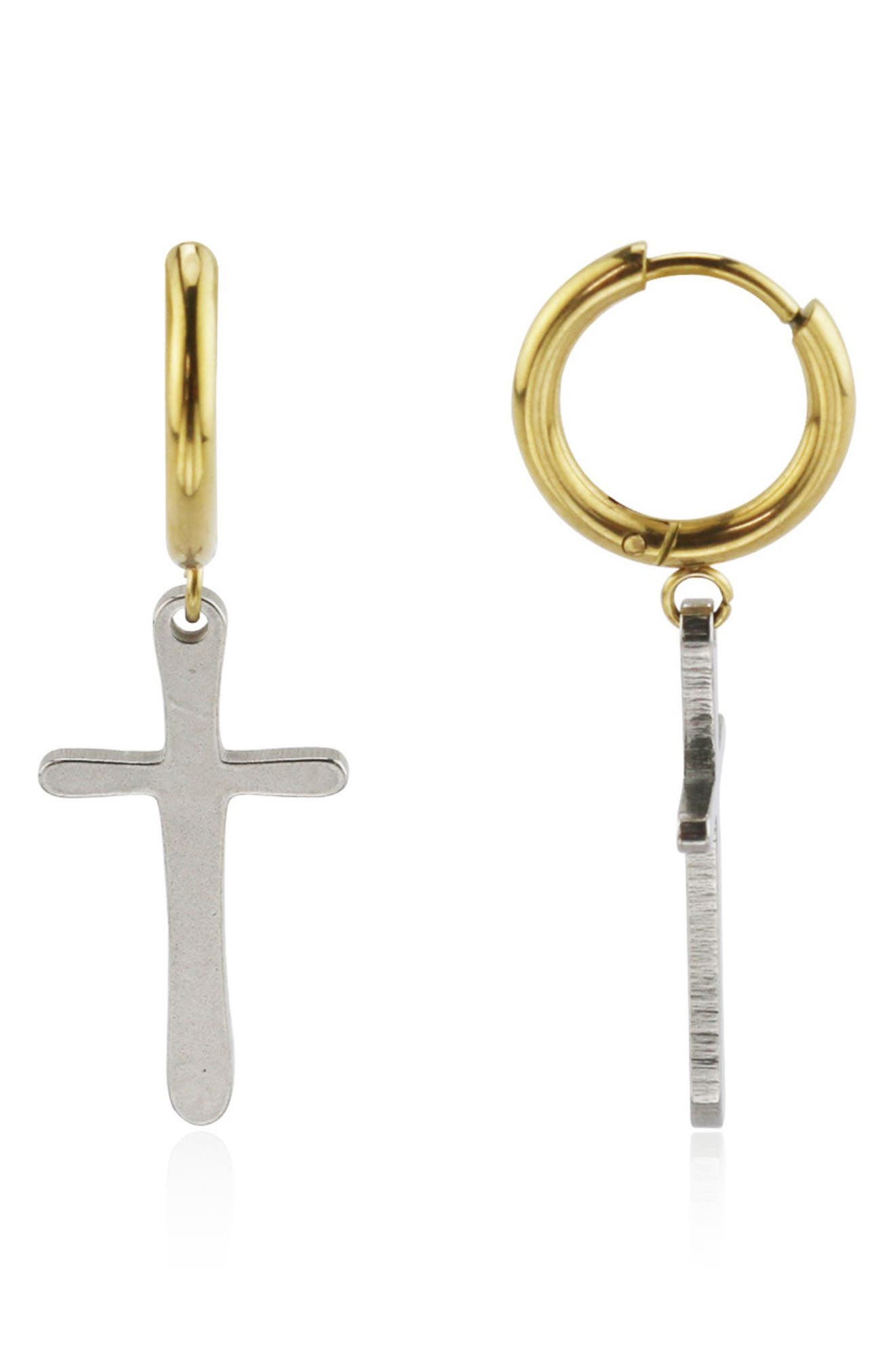 REBL Cross Drop Huggie Hoop Earrings