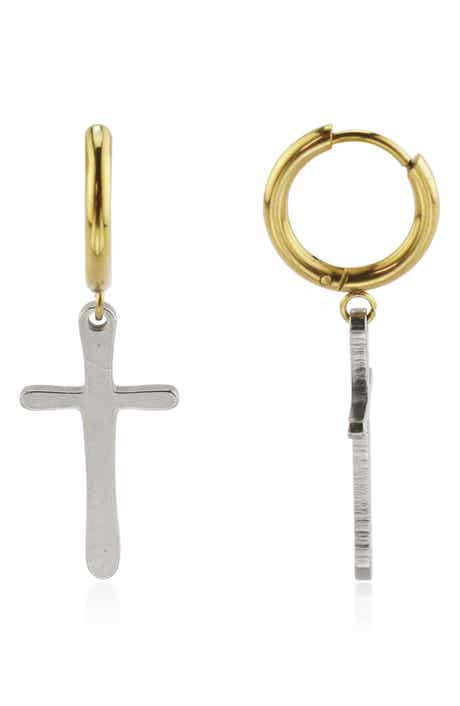 REBL Cross Drop Huggie Hoop Earrings