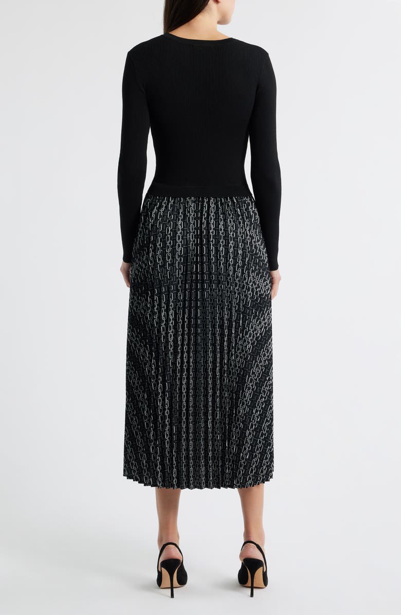 ZOE AND CLAIRE Pleated Long Sleeve Mixed Media Dress, Alternate, color, Black Multi