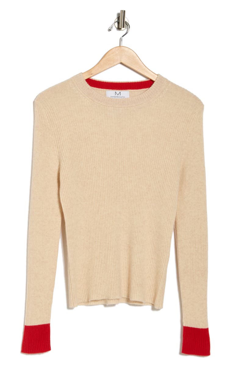 Magaschoni Cashmere Rib Sweater, Alternate, color, Creamy Heather / Rose Romance